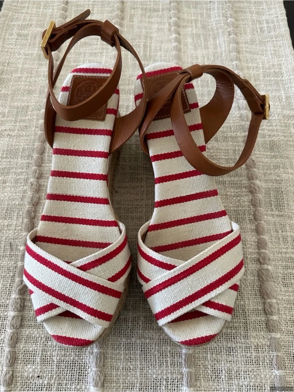 Tory Burch Red and White Striped Espadrille Wedge Sandals with Tan Ankle Strap